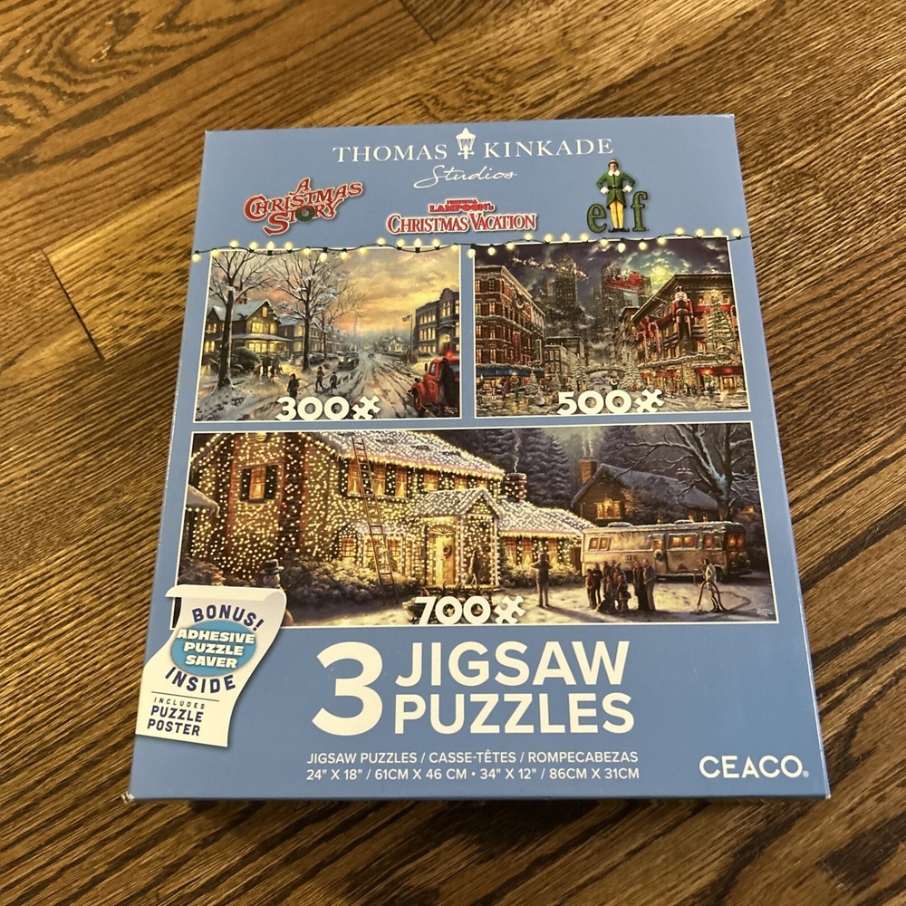 Thomas Kinkade 3 Holiday Jigsaw Puzzles (Christmas Story, Vacation, Elf) CEACO